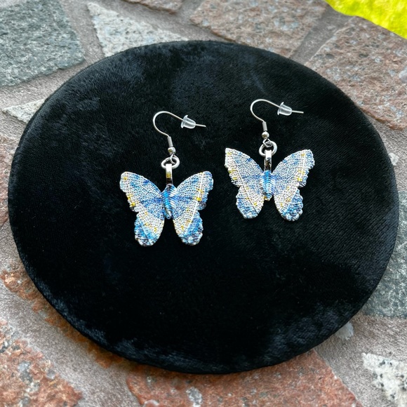 Dangly blue yellow butterfly earrings stainless steel post allergy free boho - Picture 4 of 8